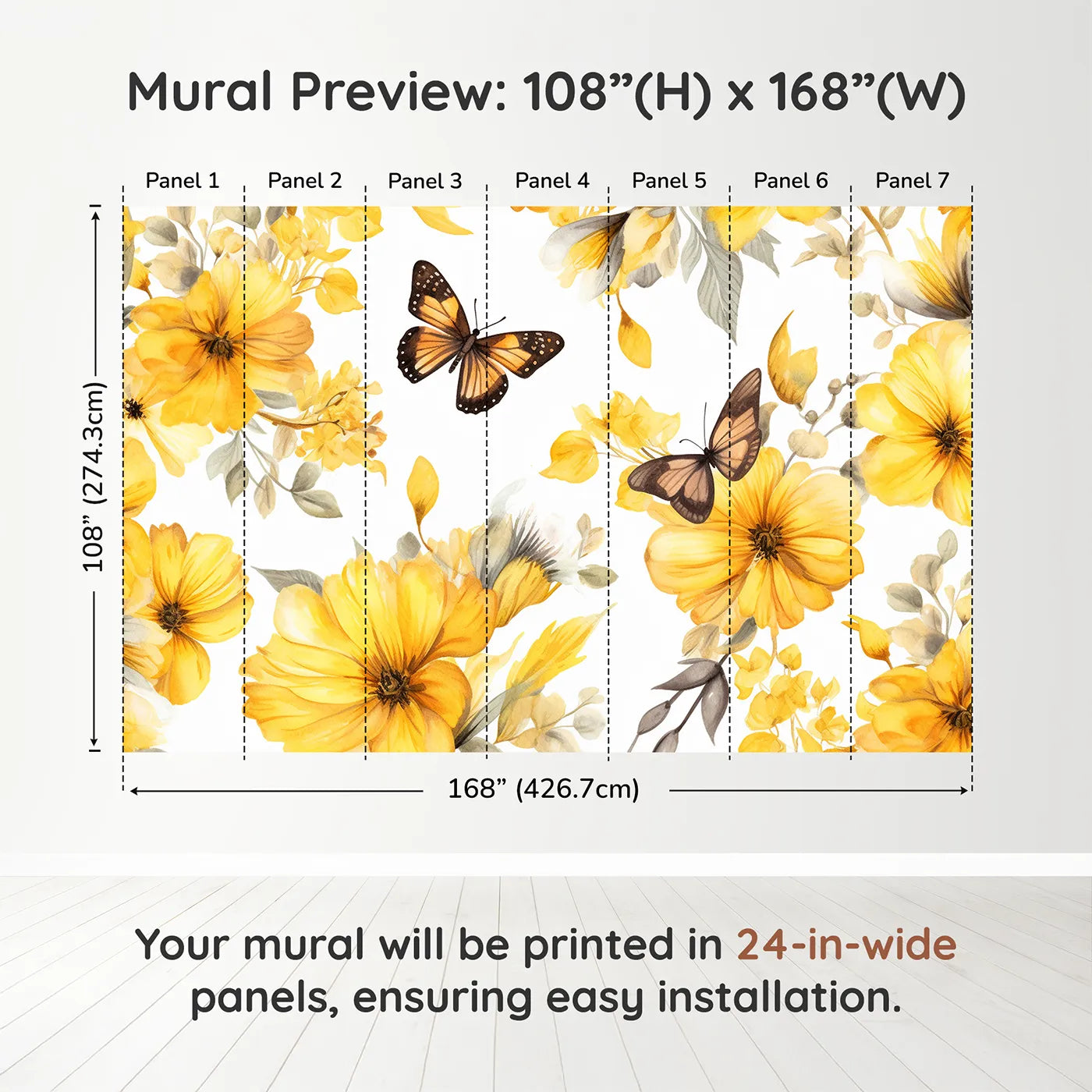 Whimsy Tots Yellow Butterfly Meadow Wall Muraldimension view (108" H x 168" W). Printed in seven 24-inch-wide panels. Gender-Neutral