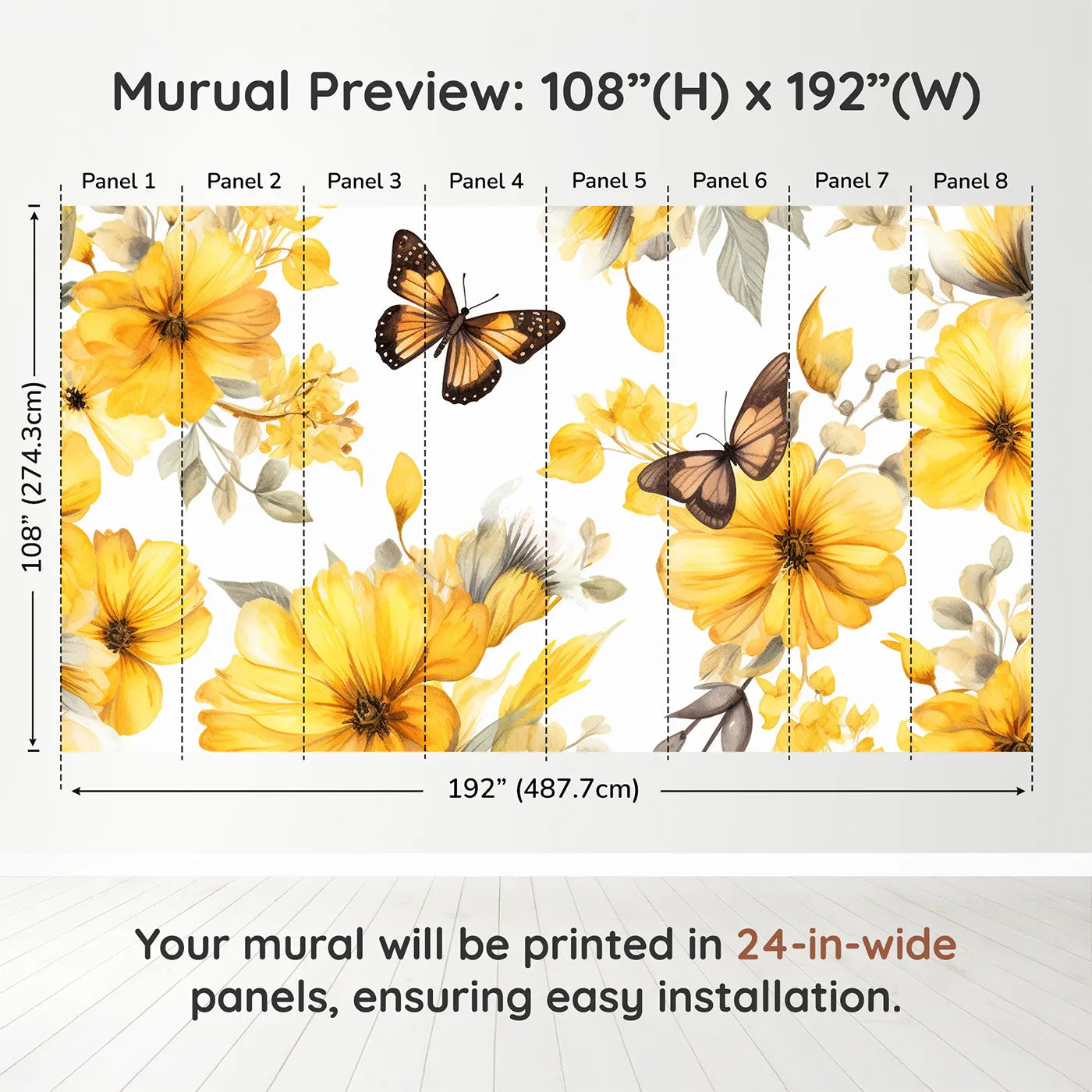 Whimsy Tots Yellow Butterfly Meadow Wall Muraldimension view (108" H x 192" W). Printed in eight 24-inch-wide panels. Gender-Neutral