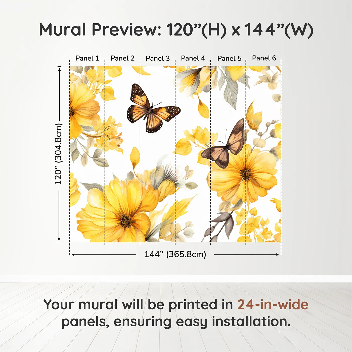 Whimsy Tots Yellow Butterfly Meadow Wall Muraldimension view (120" H x 144" W). Printed in six 24-inch-wide panels. Gender-Neutral