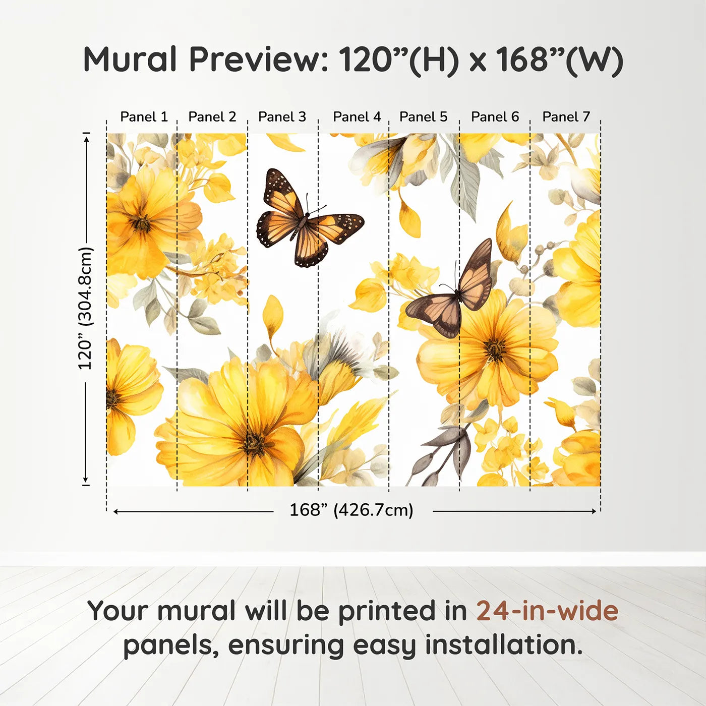 Whimsy Tots Yellow Butterfly Meadow Wall Muraldimension view (120" H x 168" W). Printed in seven 24-inch-wide panels. Gender-Neutral