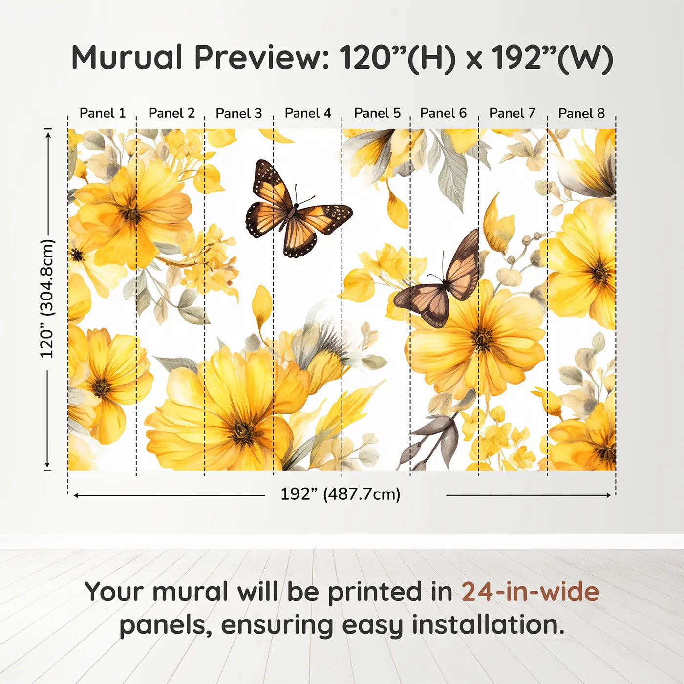 Whimsy Tots Yellow Butterfly Meadow Wall Muraldimension view (120" H x 192" W). Printed in eight 24-inch-wide panels. Gender-Neutral