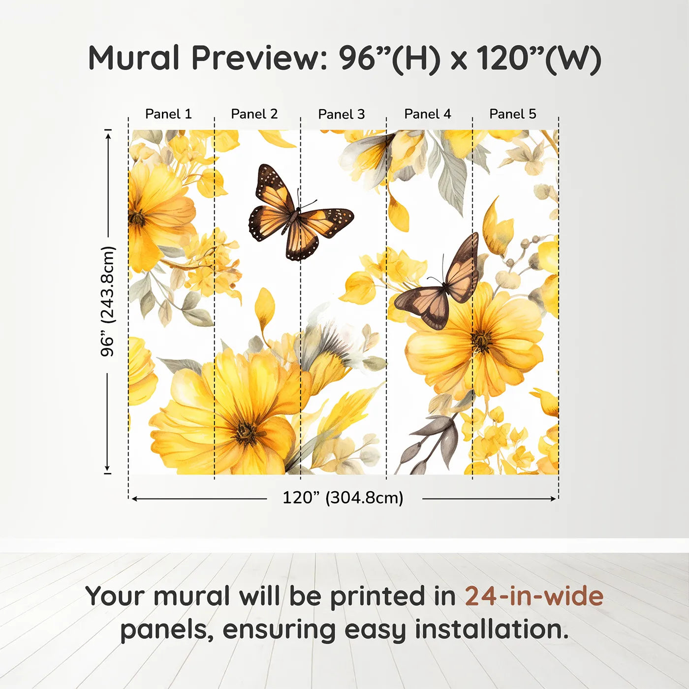 Whimsy Tots Yellow Butterfly Meadow Wall Muraldimension view (96" H x 120" W). Printed in five 24-inch-wide panels. Gender-Neutral