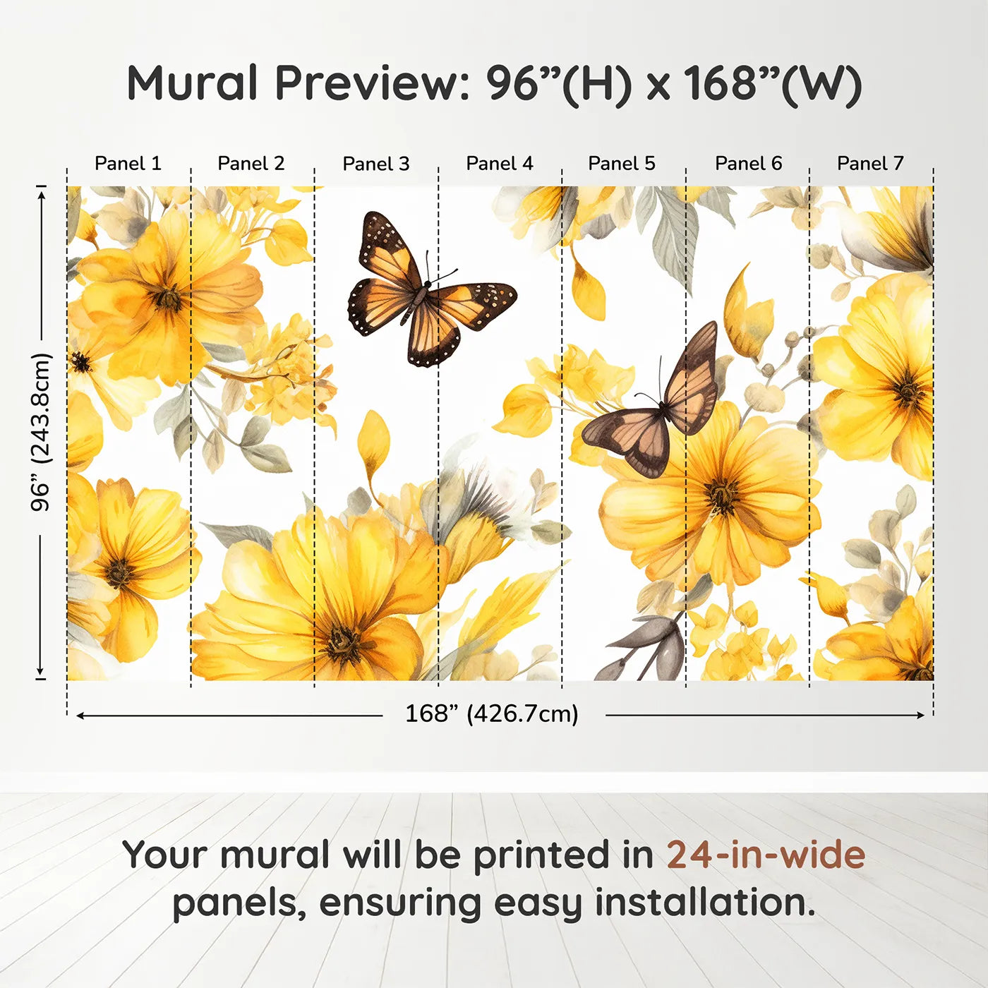 Whimsy Tots Yellow Butterfly Meadow Wall Muraldimension view (96" H x 168" W). Printed in seven 24-inch-wide panels. Gender-Neutral
