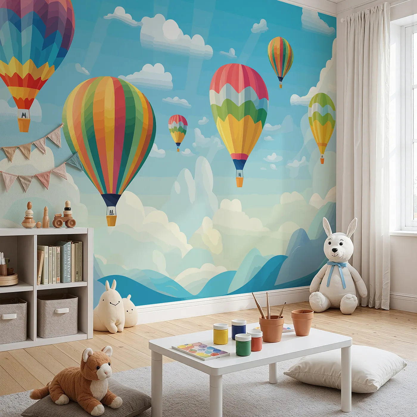 Angled view of Whimsy Tots' Rainbow Balloon Sky Wall Mural (Turn Their Room into a Vibrant, High-Flying Adventure).Gender-Neutral