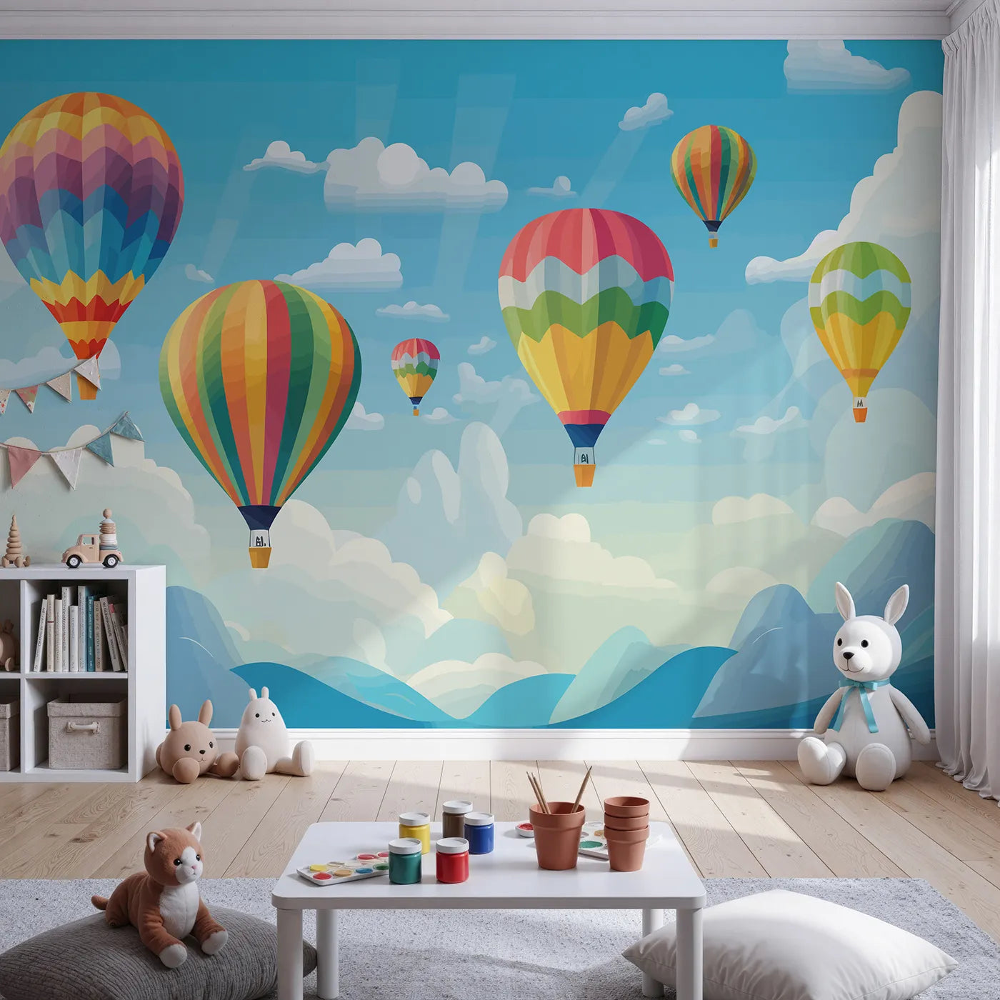 Front view of Whimsy Tots' Rainbow Balloon Sky Wall Mural