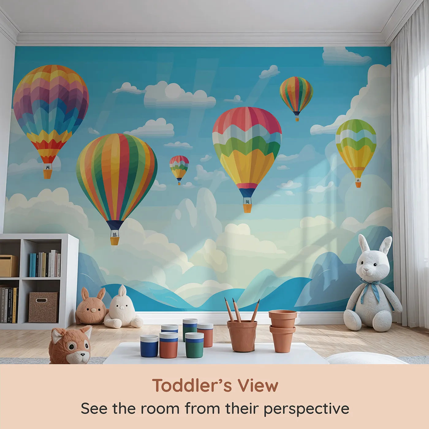 Whimsy Tots Rainbow Balloon Sky Wall Mural (Turn Their Room into a Vibrant, High-Flying Adventure) from your child's view.Gender-Neutral
