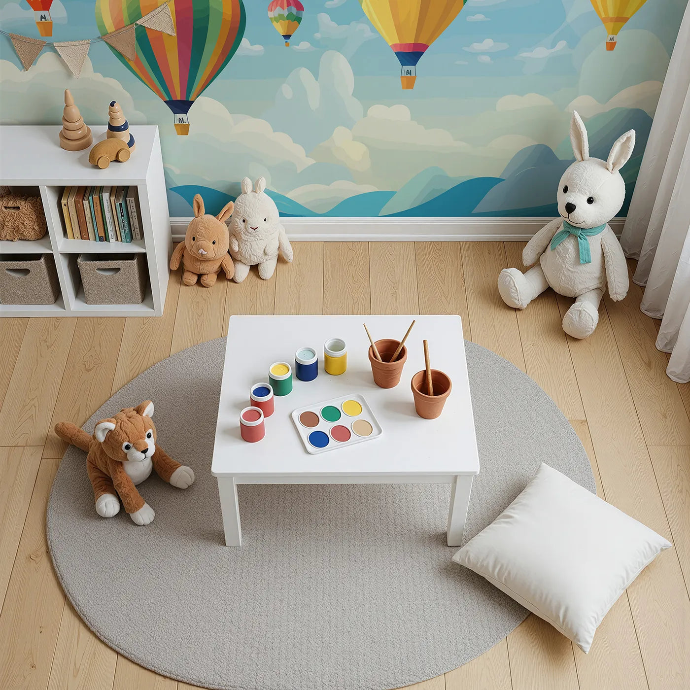 Top-down view of Whimsy Tots' Rainbow Balloon Sky Wall Mural (Turn Their Room into a Vibrant, High-Flying Adventure).Gender-Neutral