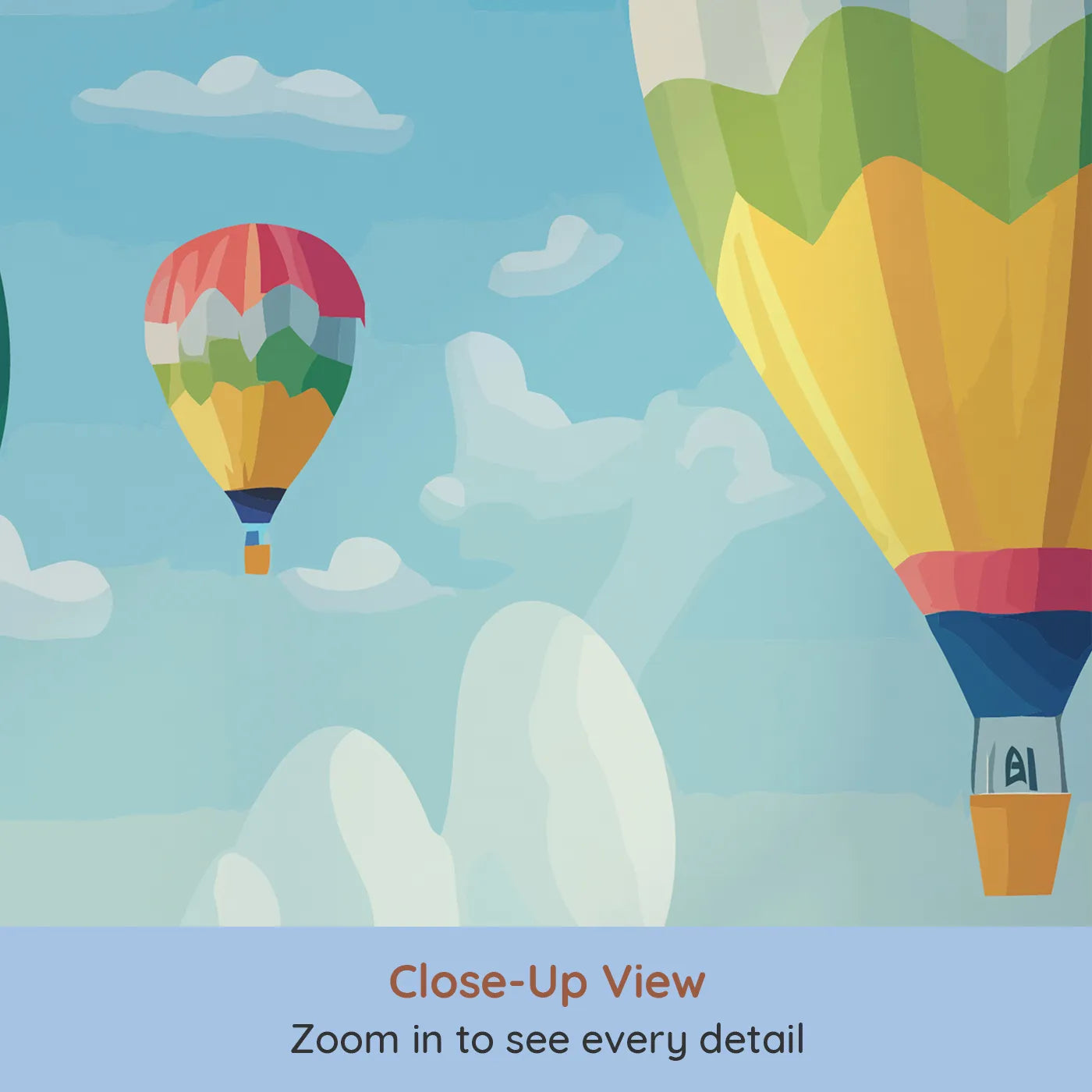 Close-up view of Whimsy Tots' Rainbow Balloon Sky Wall Mural (Turn Their Room into a Vibrant, High-Flying Adventure).Gender-Neutral