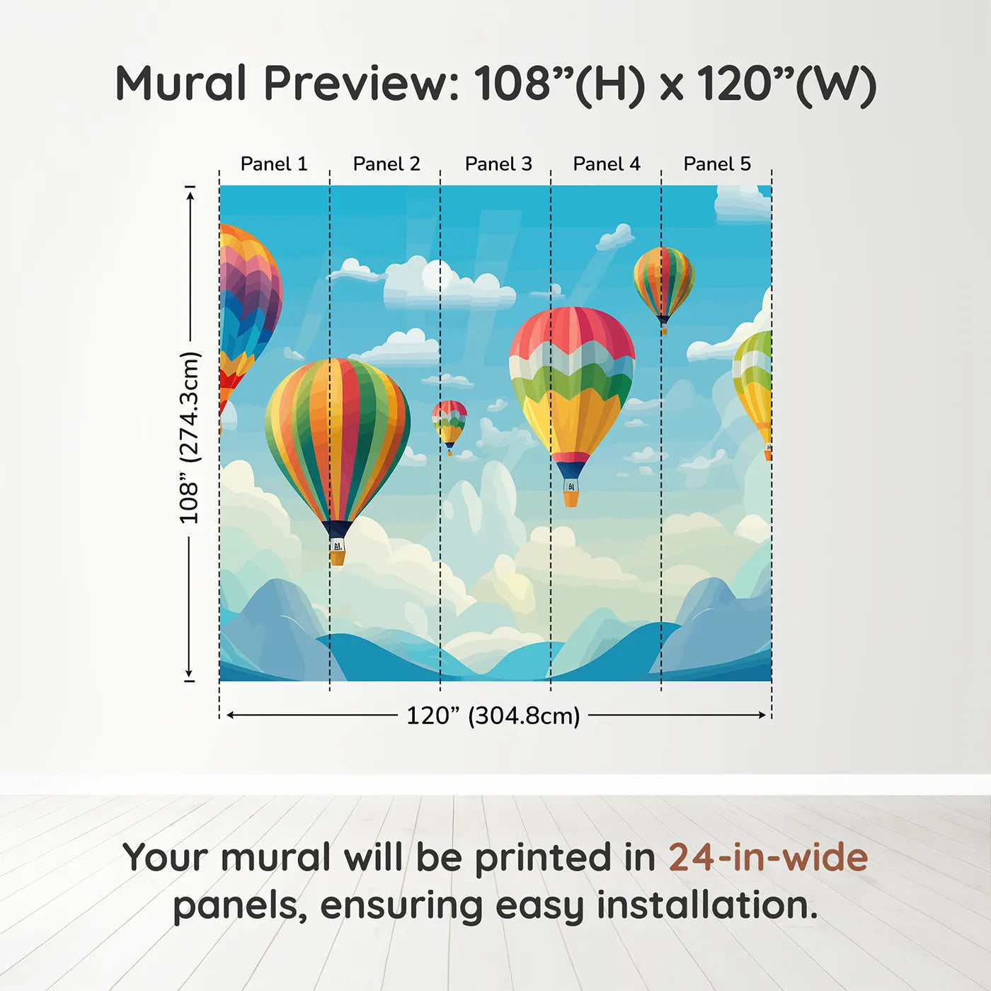Whimsy Tots Rainbow Balloon Sky Wall Muraldimension view (108" H x 120" W). Printed in five 24-inch-wide panels. Gender-Neutral