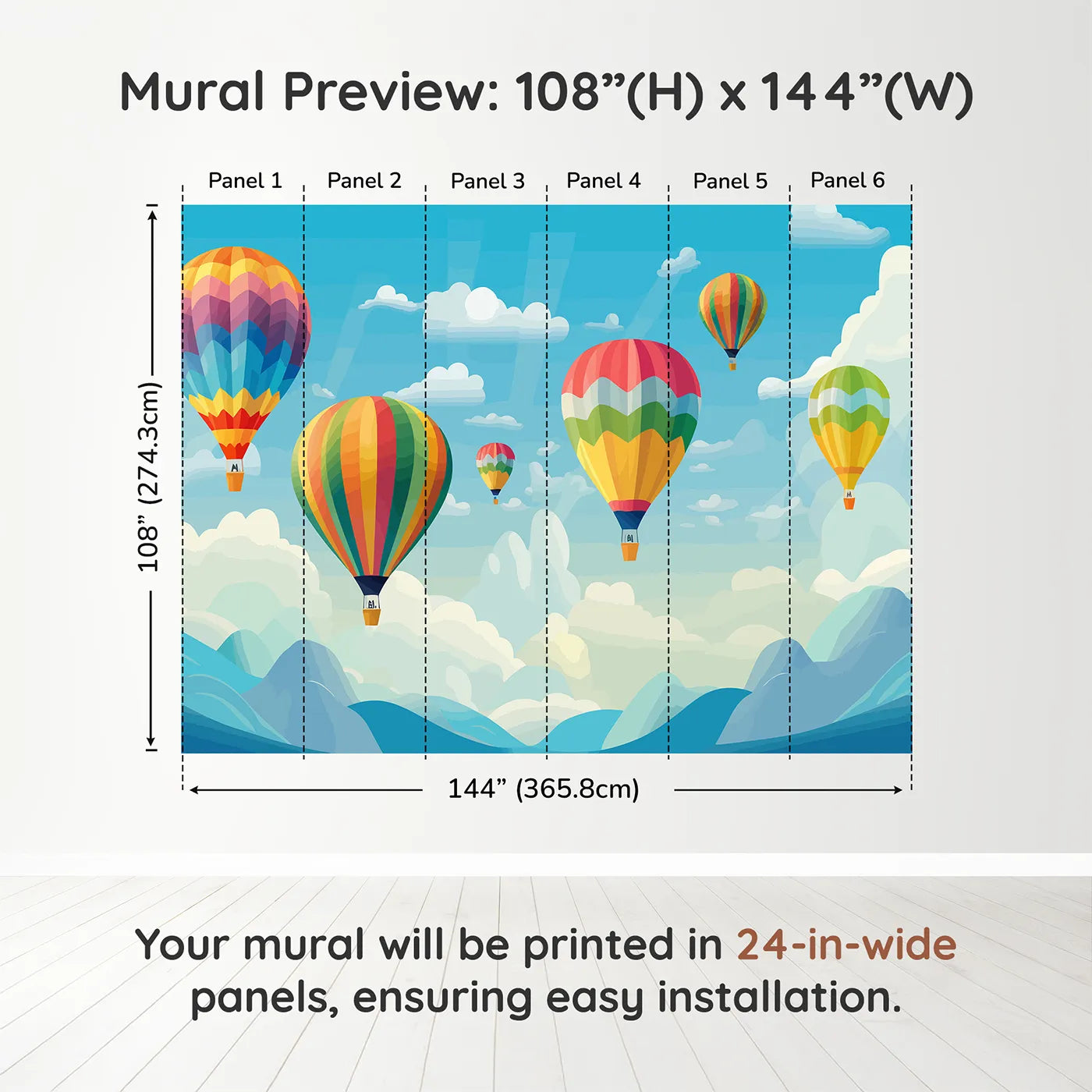 Whimsy Tots Rainbow Balloon Sky Wall Muraldimension view (108" H x 144" W). Printed in six 24-inch-wide panels. Gender-Neutral