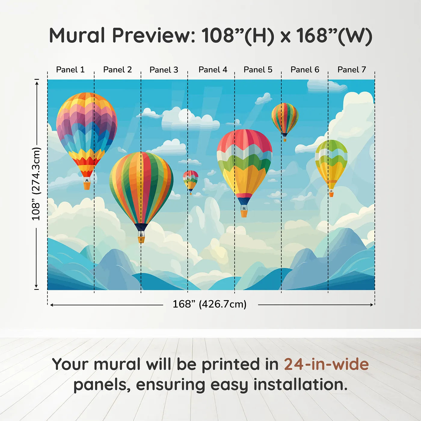Whimsy Tots Rainbow Balloon Sky Wall Muraldimension view (108" H x 168" W). Printed in seven 24-inch-wide panels. Gender-Neutral