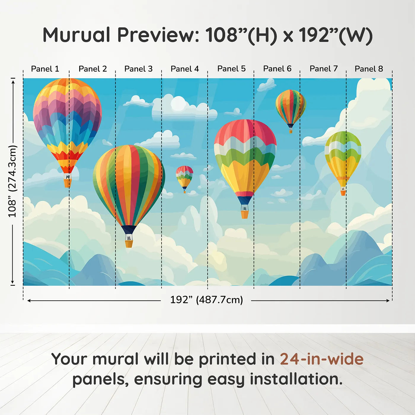 Whimsy Tots Rainbow Balloon Sky Wall Muraldimension view (108" H x 192" W). Printed in eight 24-inch-wide panels. Gender-Neutral