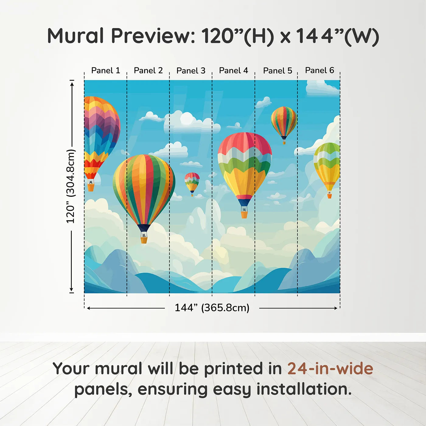 Whimsy Tots Rainbow Balloon Sky Wall Muraldimension view (120" H x 144" W). Printed in six 24-inch-wide panels. Gender-Neutral