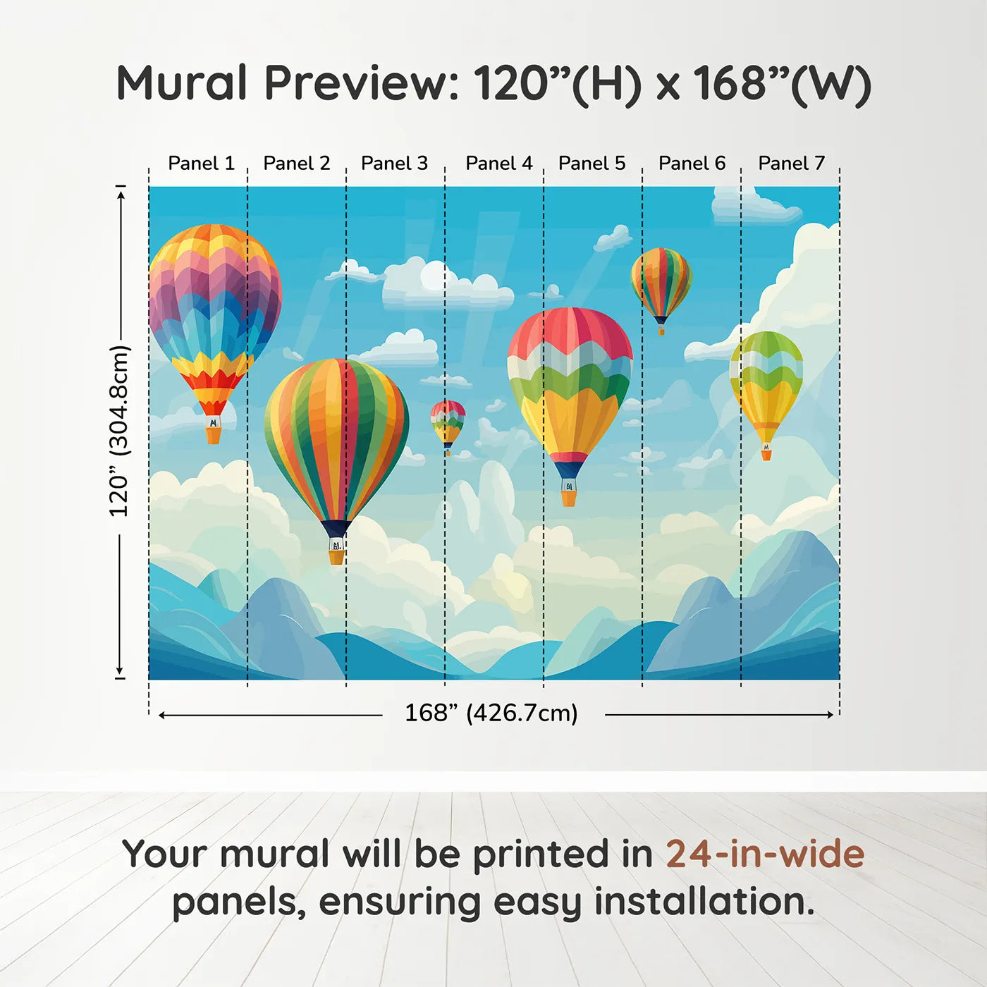 Whimsy Tots Rainbow Balloon Sky Wall Muraldimension view (120" H x 168" W). Printed in seven 24-inch-wide panels. Gender-Neutral