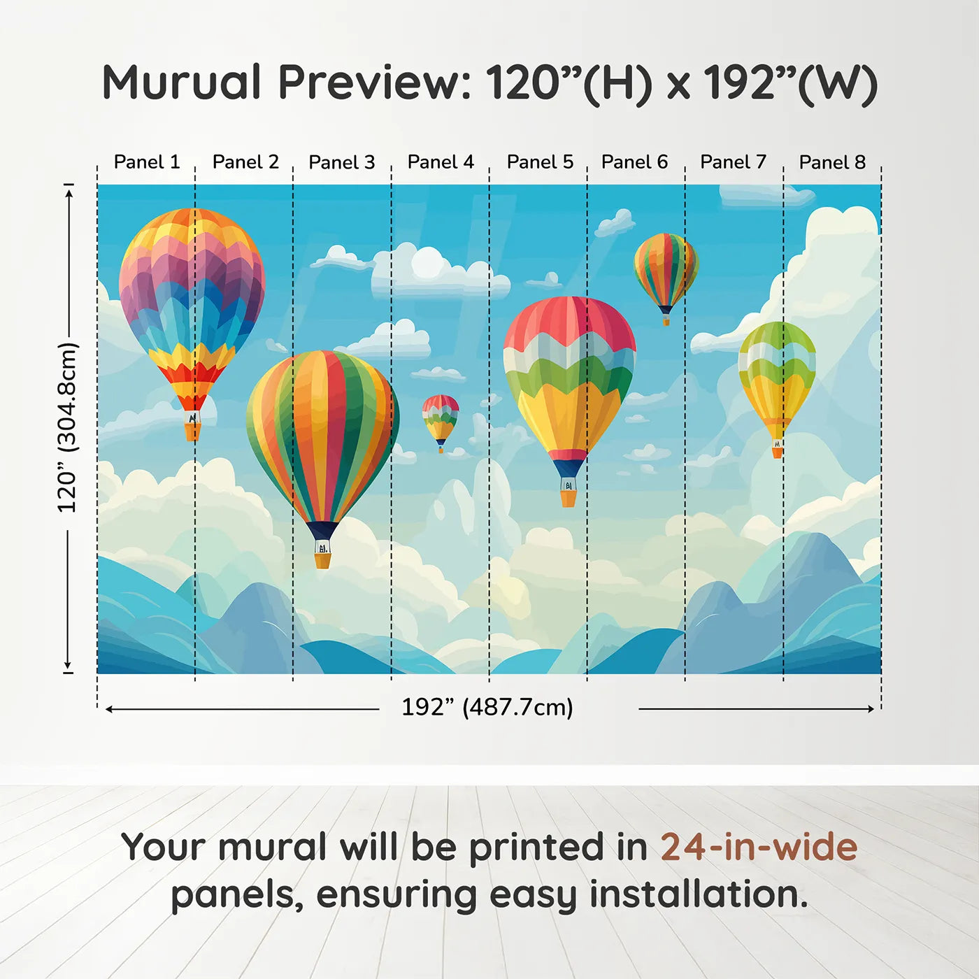 Whimsy Tots Rainbow Balloon Sky Wall Muraldimension view (120" H x 192" W). Printed in eight 24-inch-wide panels. Gender-Neutral