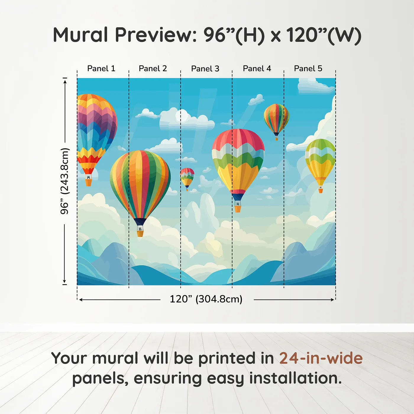 Whimsy Tots Rainbow Balloon Sky Wall Muraldimension view (96" H x 120" W). Printed in five 24-inch-wide panels. Gender-Neutral