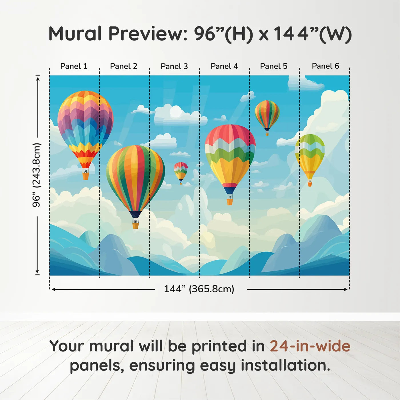 Whimsy Tots Rainbow Balloon Sky Wall Muraldimension view (96" H x 144" W). Printed in six 24-inch-wide panels. Gender-Neutral
