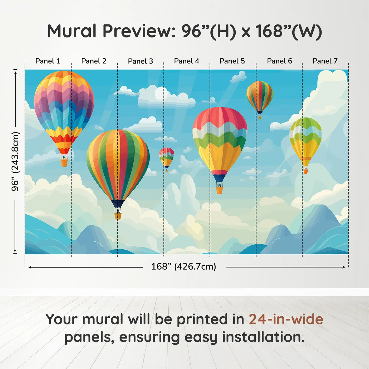 Whimsy Tots Rainbow Balloon Sky Wall Muraldimension view (96" H x 168" W). Printed in seven 24-inch-wide panels. Gender-Neutral