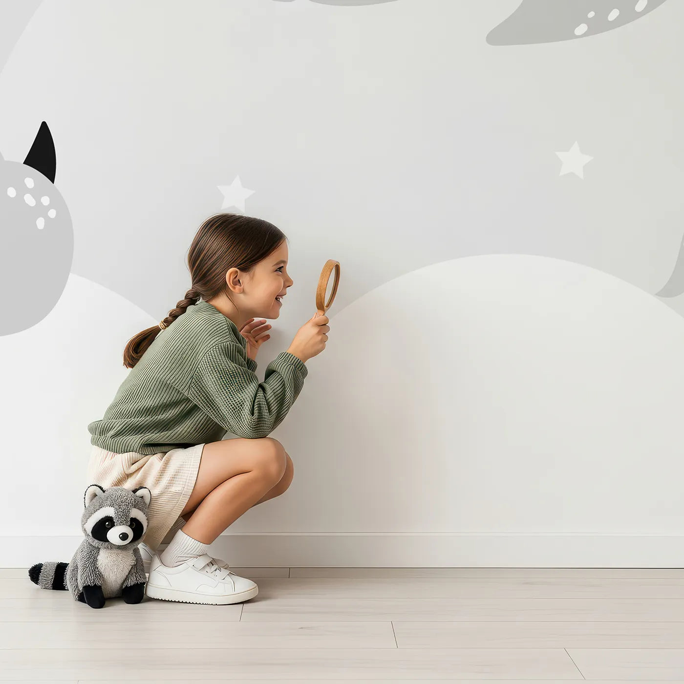 Child in front of Whimsy Tots Sleepy Animal Friends Wall Mural with animal, sleep, cute, moon, star, cloud, gray, nursery in design.