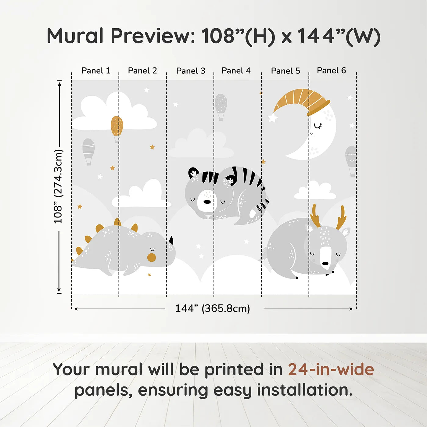 Whimsy Tots Sleepy Animal Friends Wall Muraldimension view (108" H x 144" W). Printed in six 24-inch-wide panels. Gender-Neutral