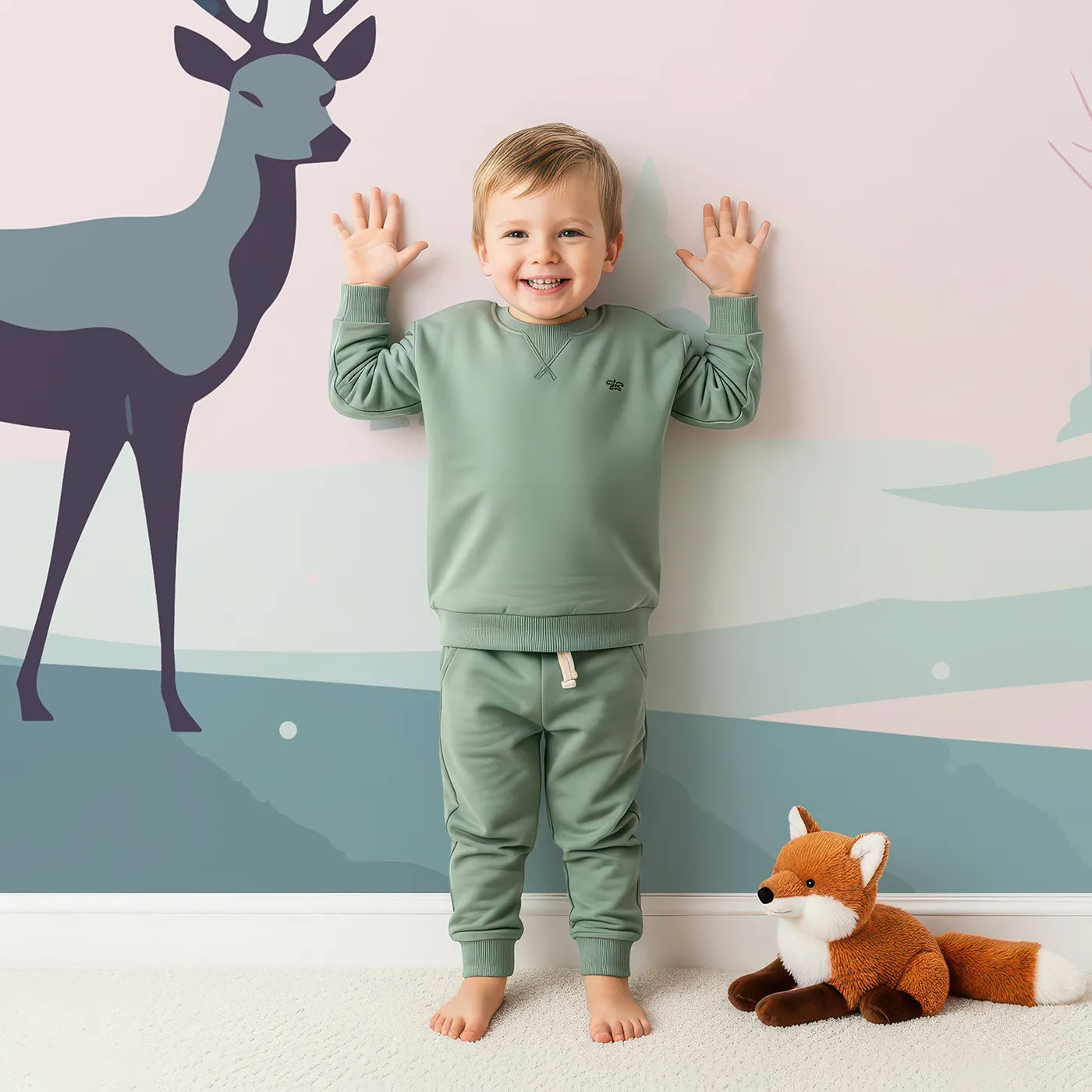 Child in front of Whimsy Tots Pink Winter Forest Wall Mural with forest, winter, pink, deer, tree, minimalist, modern, snow in design.