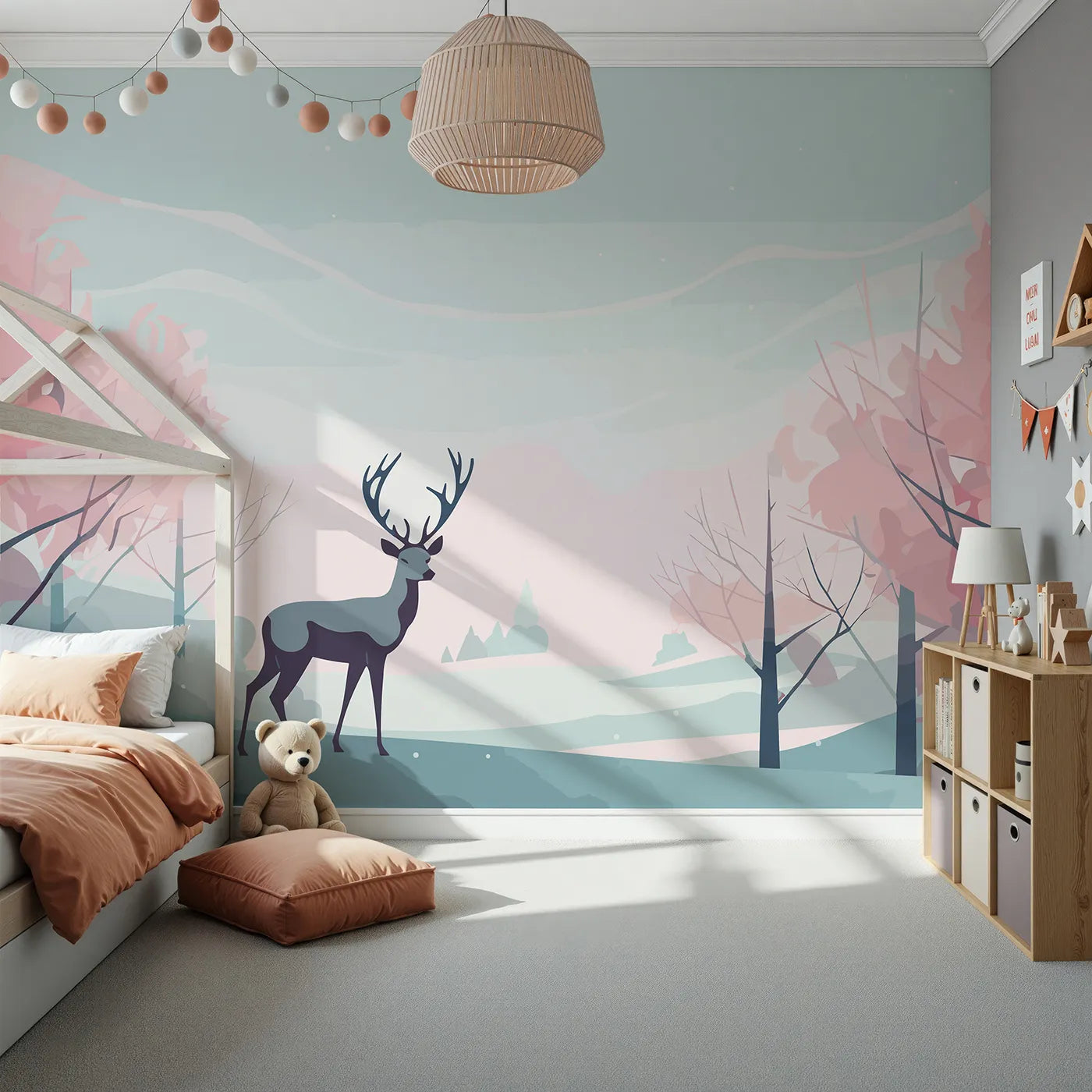 Front view of Whimsy Tots' Pink Winter Forest Wall Mural