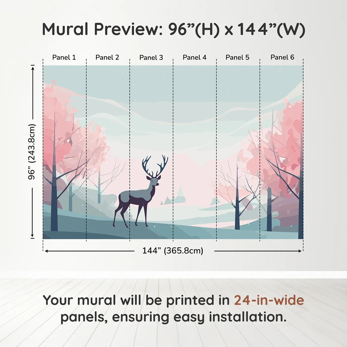 Whimsy Tots Pink Winter Forest Wall Muraldimension view (96" H x 144" W). Printed in six 24-inch-wide panels. Gender-Neutral