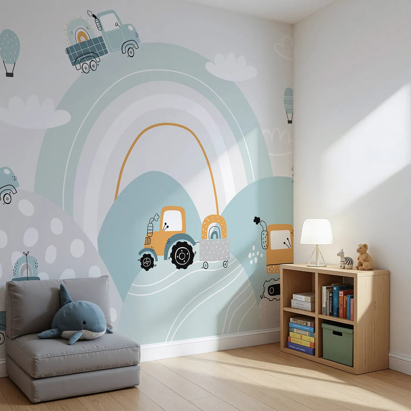 Angled view of Whimsy Tots' Rainbow Truck Hills Wall Mural (Turn Their Room into the Happiest, Most Colorful Work Site).Best for Boys