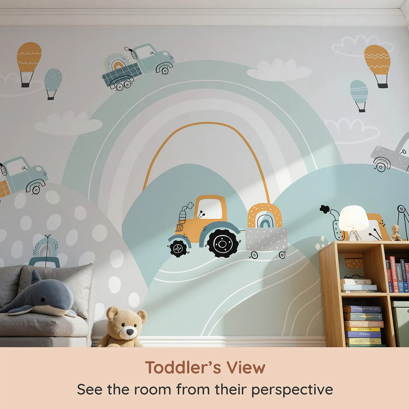 Whimsy Tots Rainbow Truck Hills Wall Mural (Turn Their Room into the Happiest, Most Colorful Work Site) from your child's view.Best for Boys