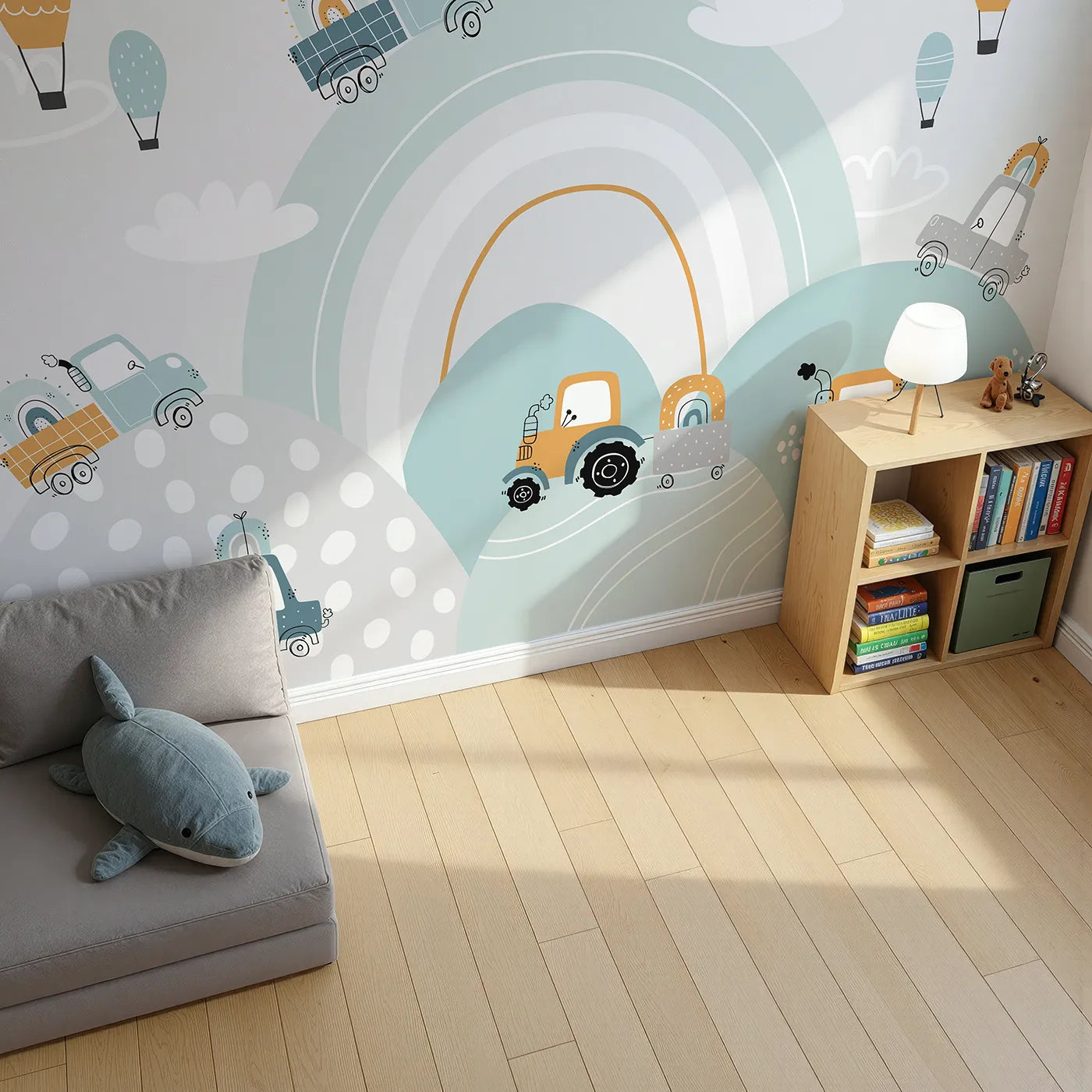 Top-down view of Whimsy Tots' Rainbow Truck Hills Wall Mural (Turn Their Room into the Happiest, Most Colorful Work Site).Best for Boys