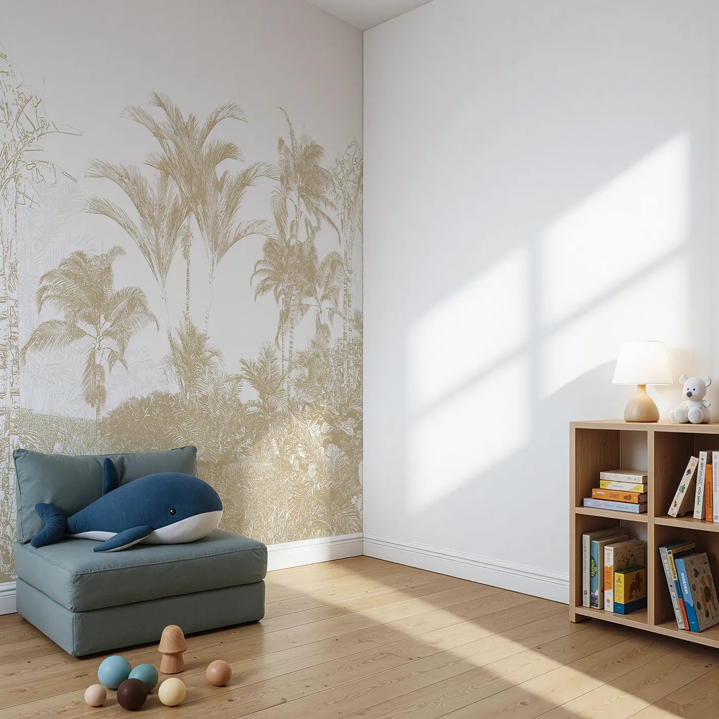Angled view of Whimsy Tots' Golden Jungle Line Art Wall Mural (Turn Their Room into a Chic and Sunny Tropical Escape).Gender-Neutral