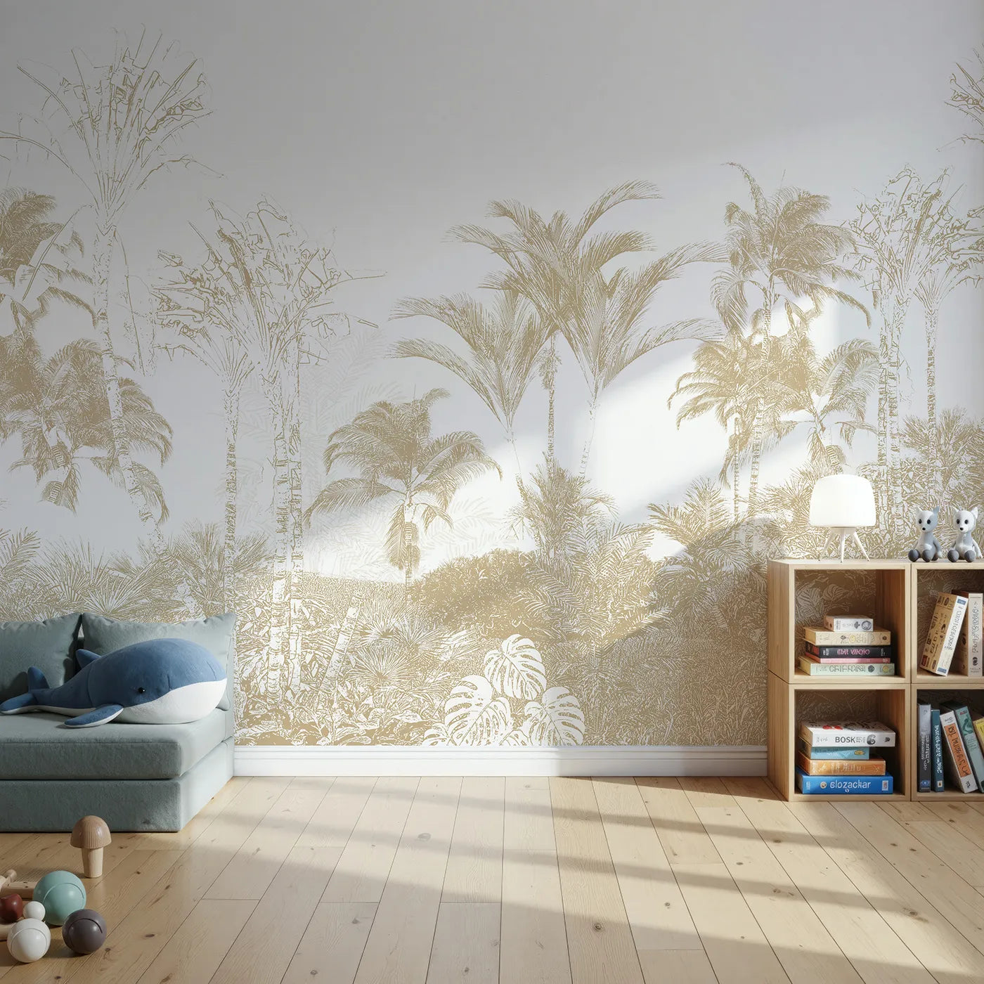 Front view of Whimsy Tots' Golden Jungle Line Art Wall Mural