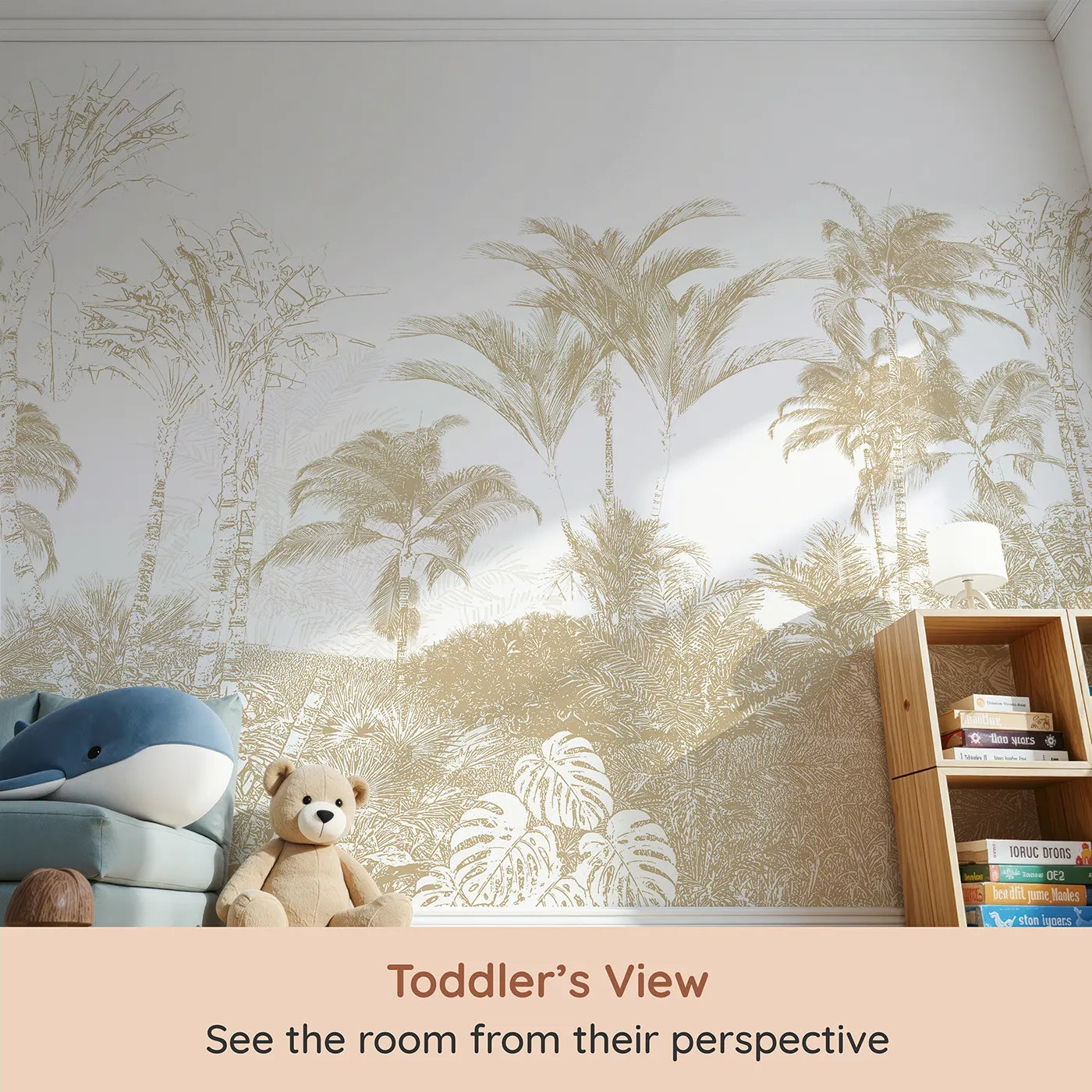 Whimsy Tots Golden Jungle Line Art Wall Mural (Turn Their Room into a Chic and Sunny Tropical Escape) from your child's view.Gender-Neutral