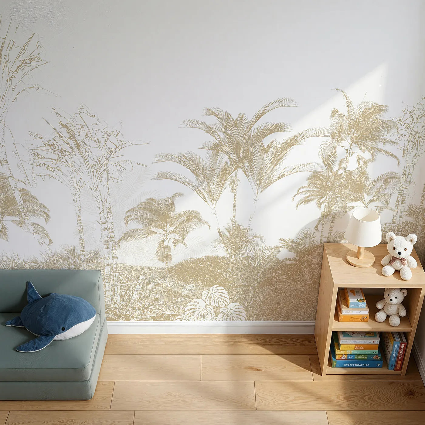 Top-down view of Whimsy Tots' Golden Jungle Line Art Wall Mural (Turn Their Room into a Chic and Sunny Tropical Escape).Gender-Neutral