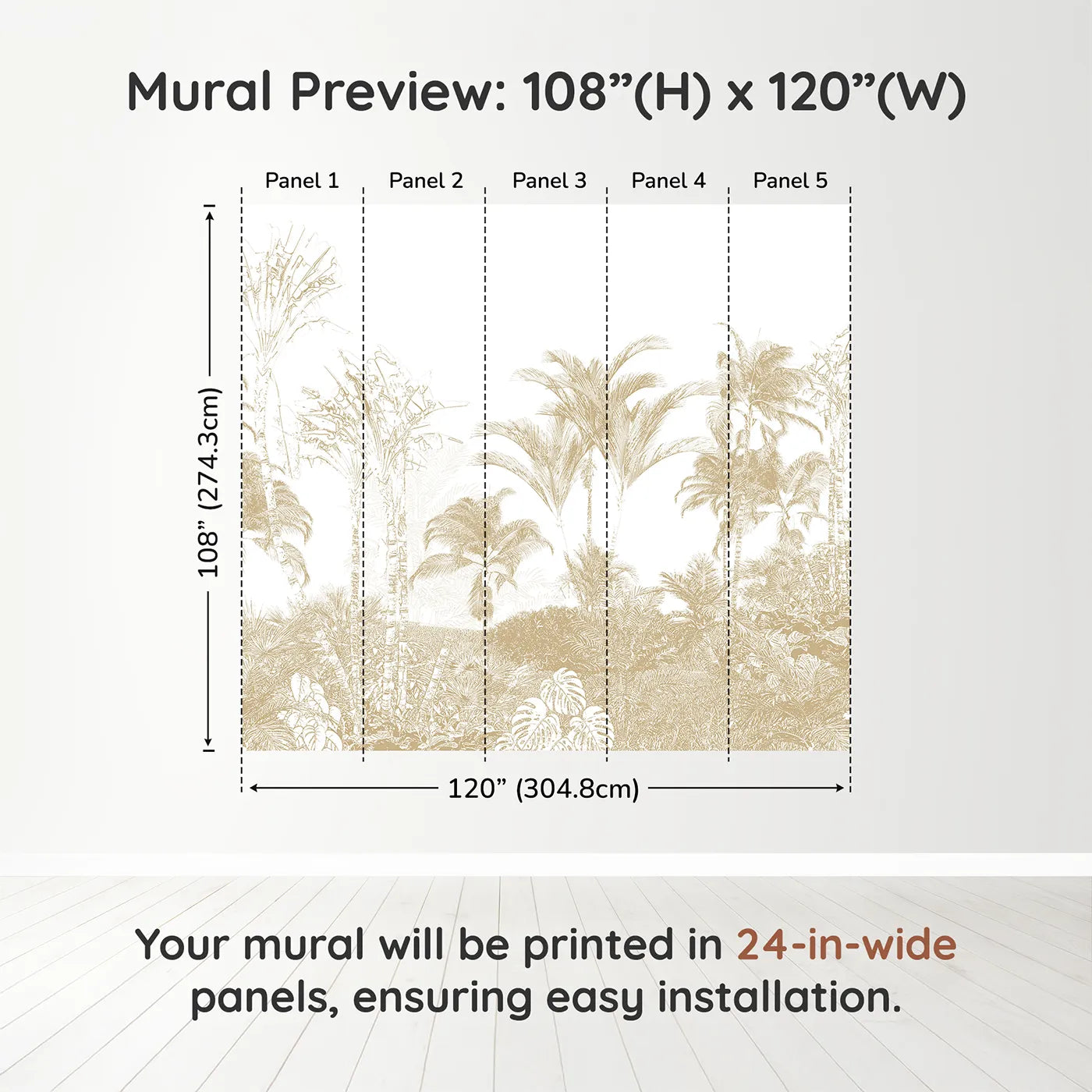Whimsy Tots Golden Jungle Line Art Wall Muraldimension view (108" H x 120" W). Printed in five 24-inch-wide panels. Gender-Neutral