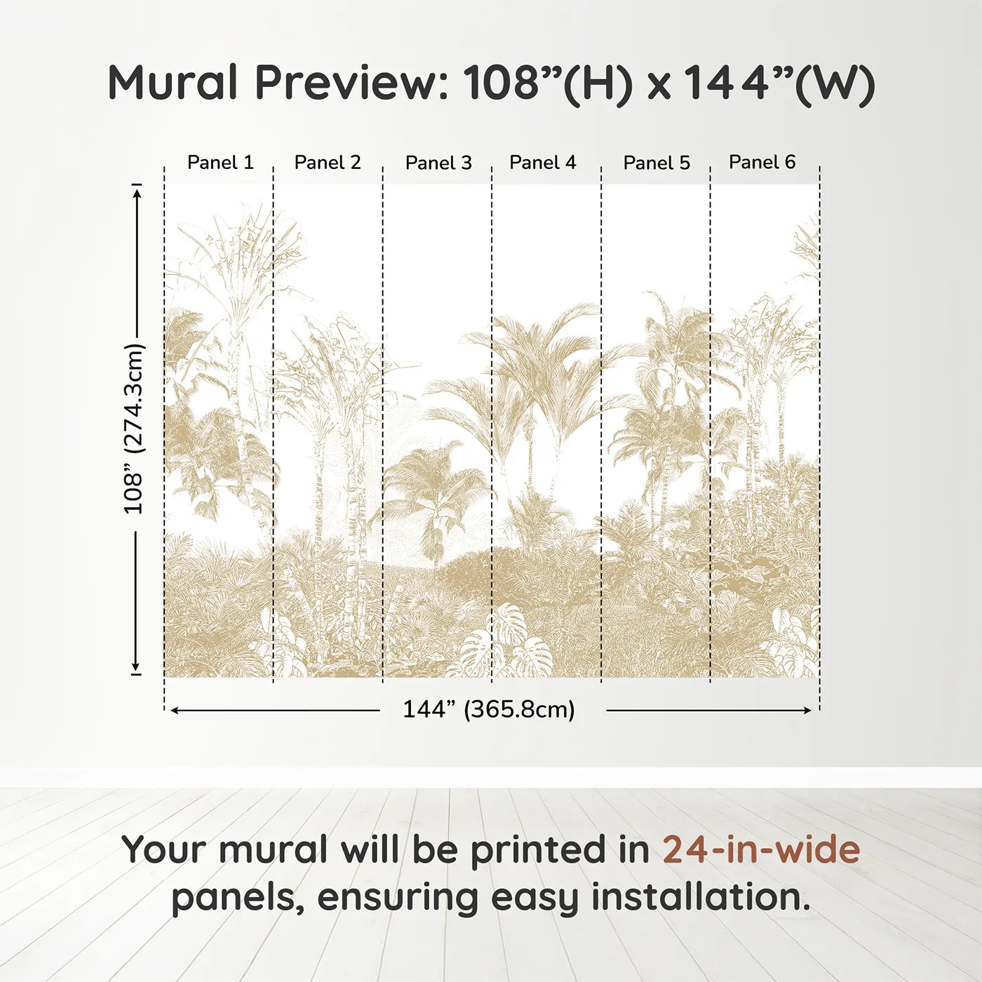 Whimsy Tots Golden Jungle Line Art Wall Muraldimension view (108" H x 144" W). Printed in six 24-inch-wide panels. Gender-Neutral
