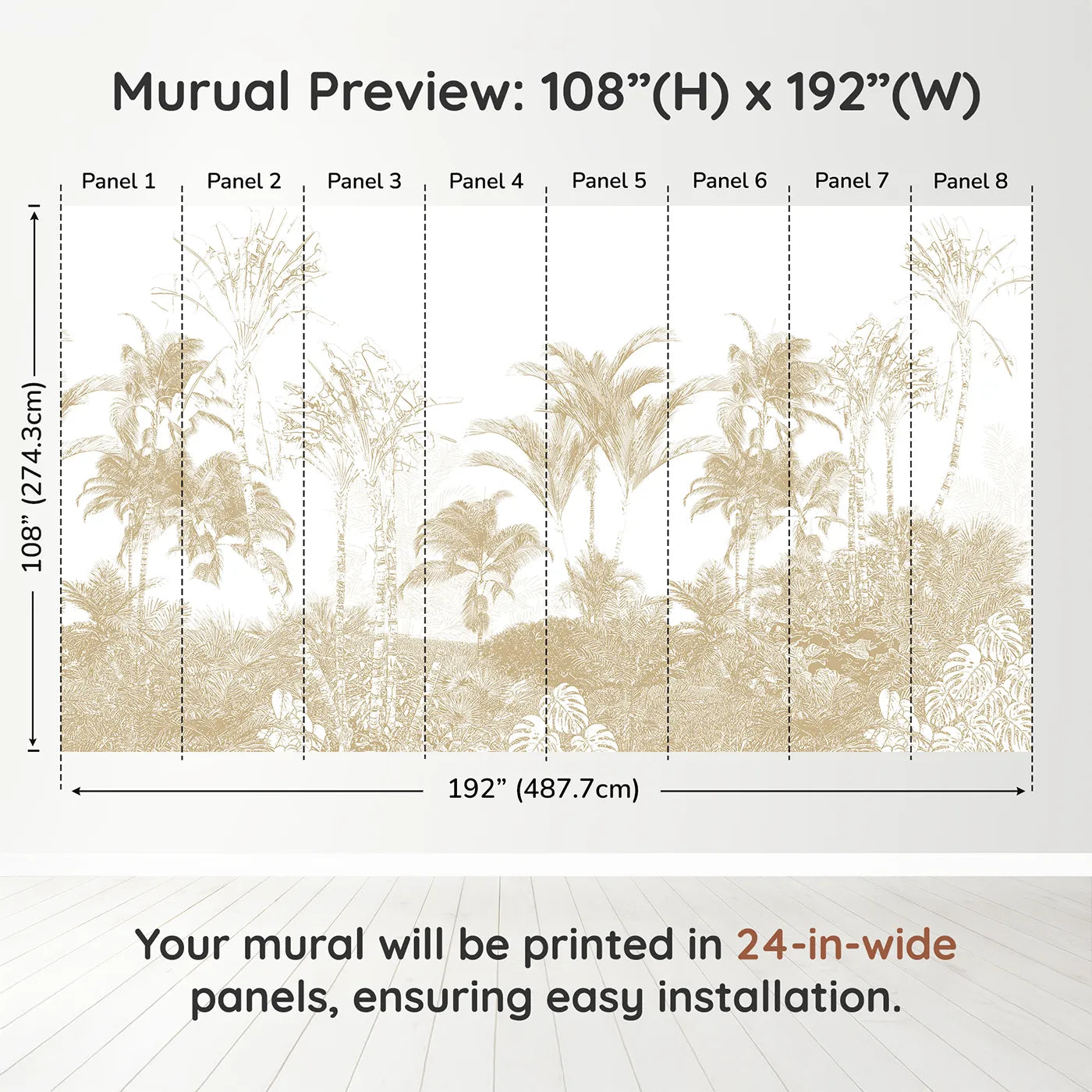 Whimsy Tots Golden Jungle Line Art Wall Muraldimension view (108" H x 192" W). Printed in eight 24-inch-wide panels. Gender-Neutral