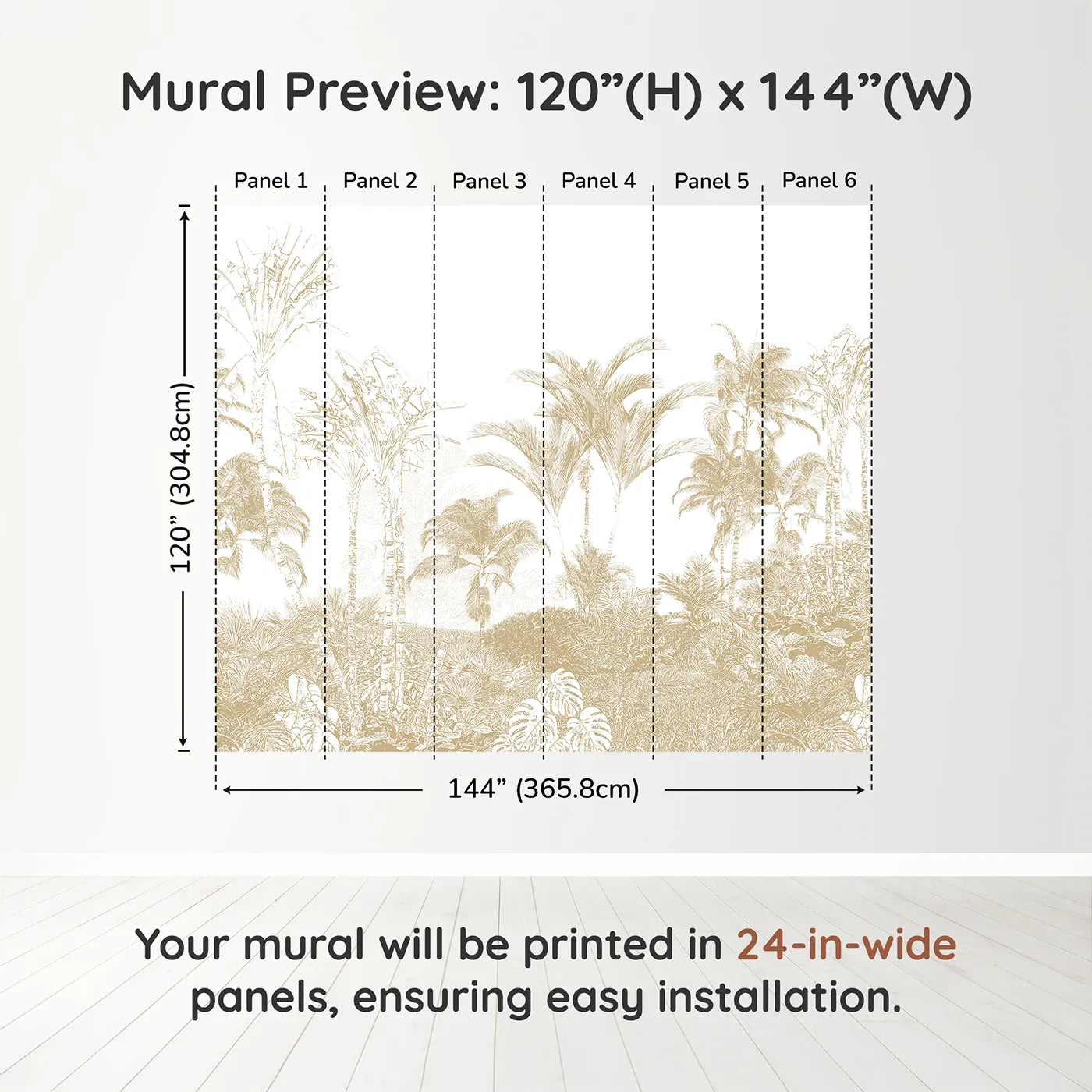 Whimsy Tots Golden Jungle Line Art Wall Muraldimension view (120" H x 144" W). Printed in six 24-inch-wide panels. Gender-Neutral