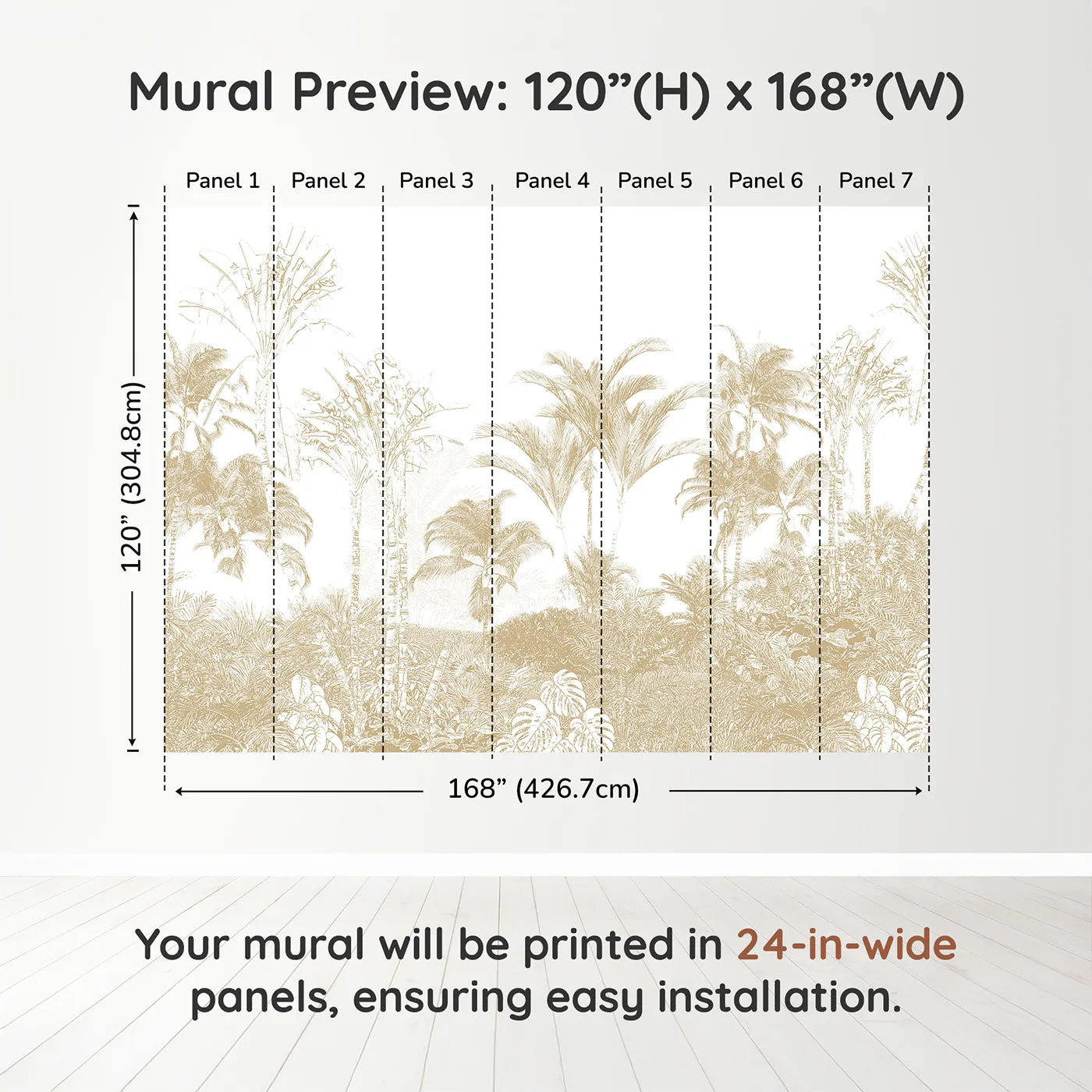 Whimsy Tots Golden Jungle Line Art Wall Muraldimension view (120" H x 168" W). Printed in seven 24-inch-wide panels. Gender-Neutral