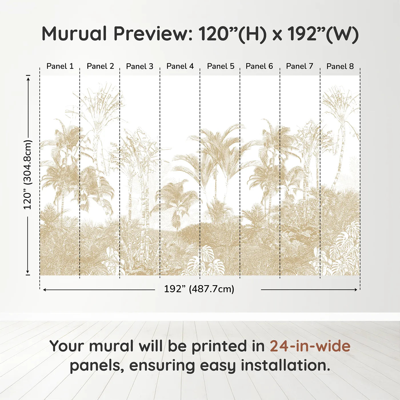 Whimsy Tots Golden Jungle Line Art Wall Muraldimension view (120" H x 192" W). Printed in eight 24-inch-wide panels. Gender-Neutral