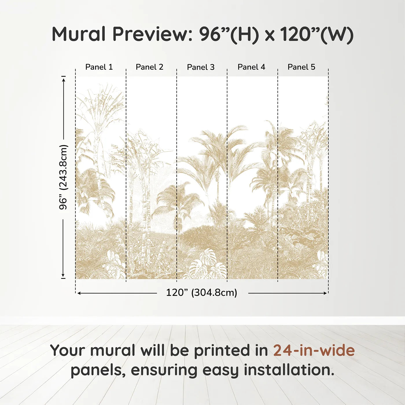Whimsy Tots Golden Jungle Line Art Wall Muraldimension view (96" H x 120" W). Printed in five 24-inch-wide panels. Gender-Neutral