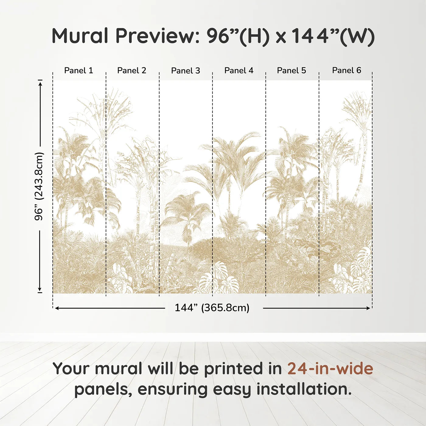 Whimsy Tots Golden Jungle Line Art Wall Muraldimension view (96" H x 144" W). Printed in six 24-inch-wide panels. Gender-Neutral