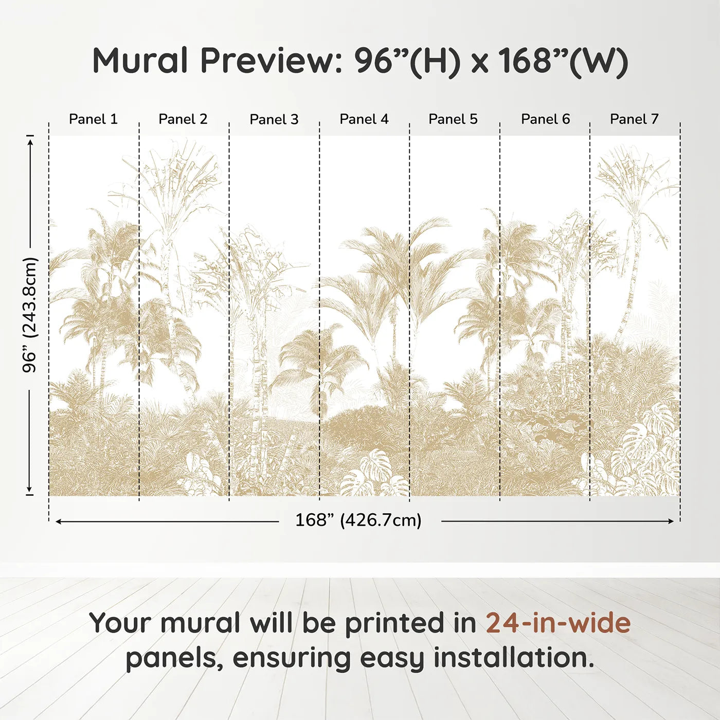 Whimsy Tots Golden Jungle Line Art Wall Muraldimension view (96" H x 168" W). Printed in seven 24-inch-wide panels. Gender-Neutral