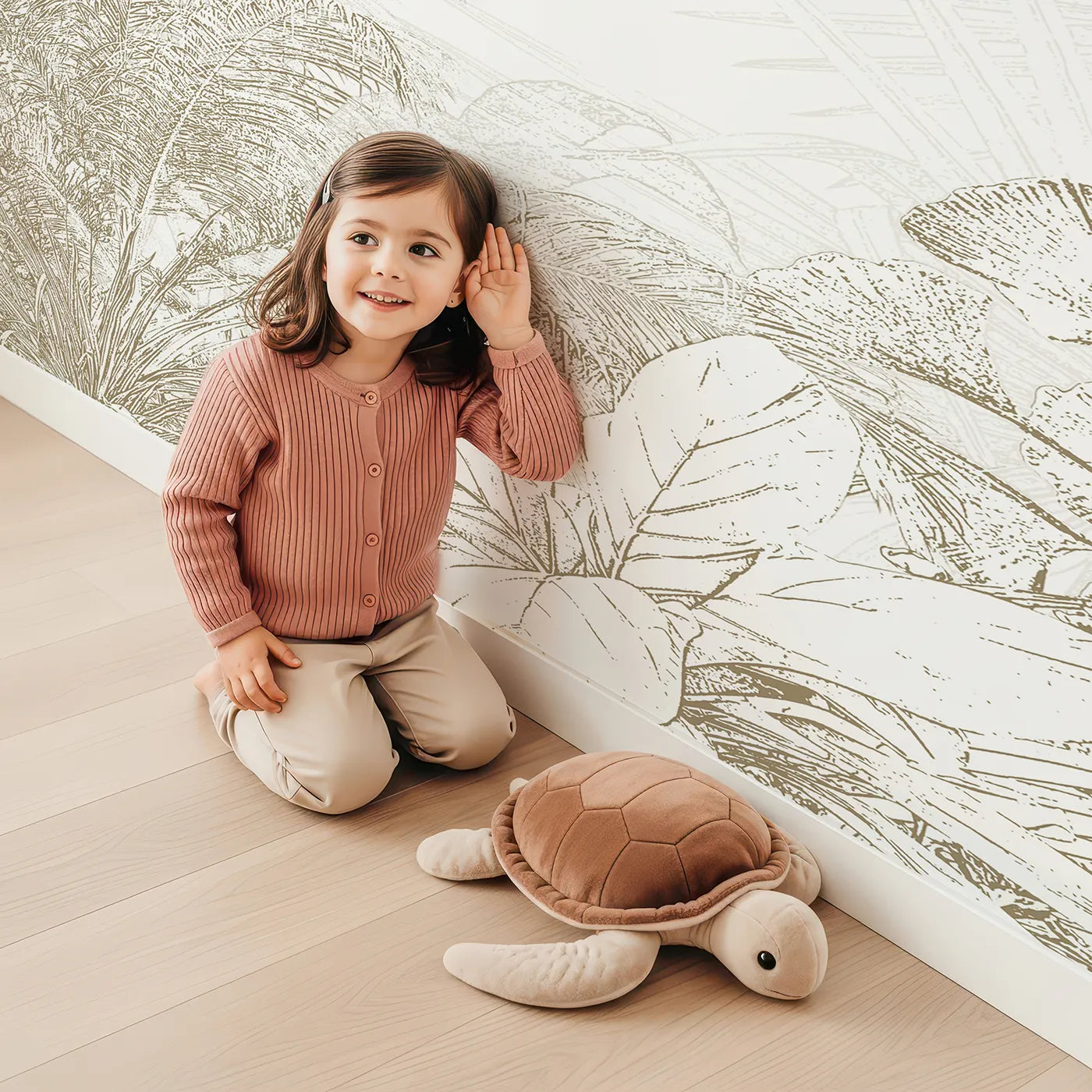 Child in front of Whimsy Tots Golden Botanical Line Art Wall Mural with botanical, leaf, line art, engraving, gold, beige, garden, pattern in design.