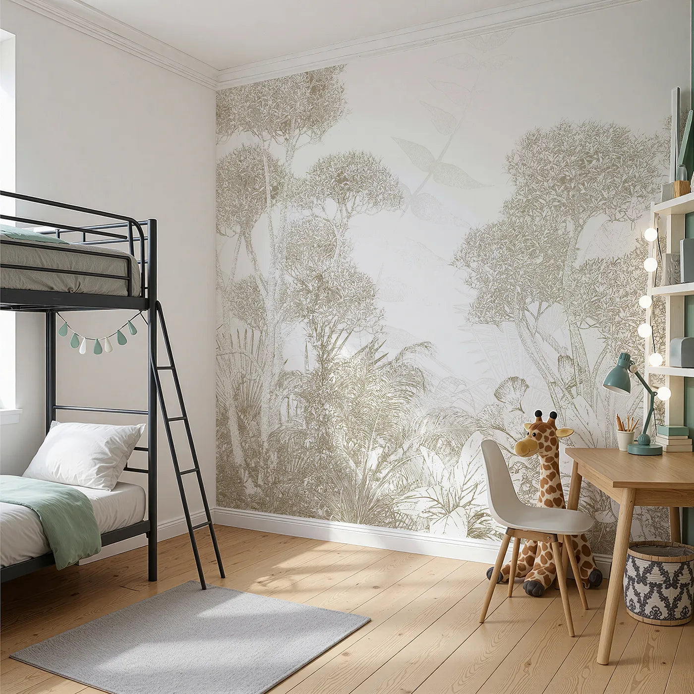 Angled view of Whimsy Tots' Golden Botanical Line Art Wall Mural (Turn Their Room into a Chic and Sunny Garden).Gender-Neutral