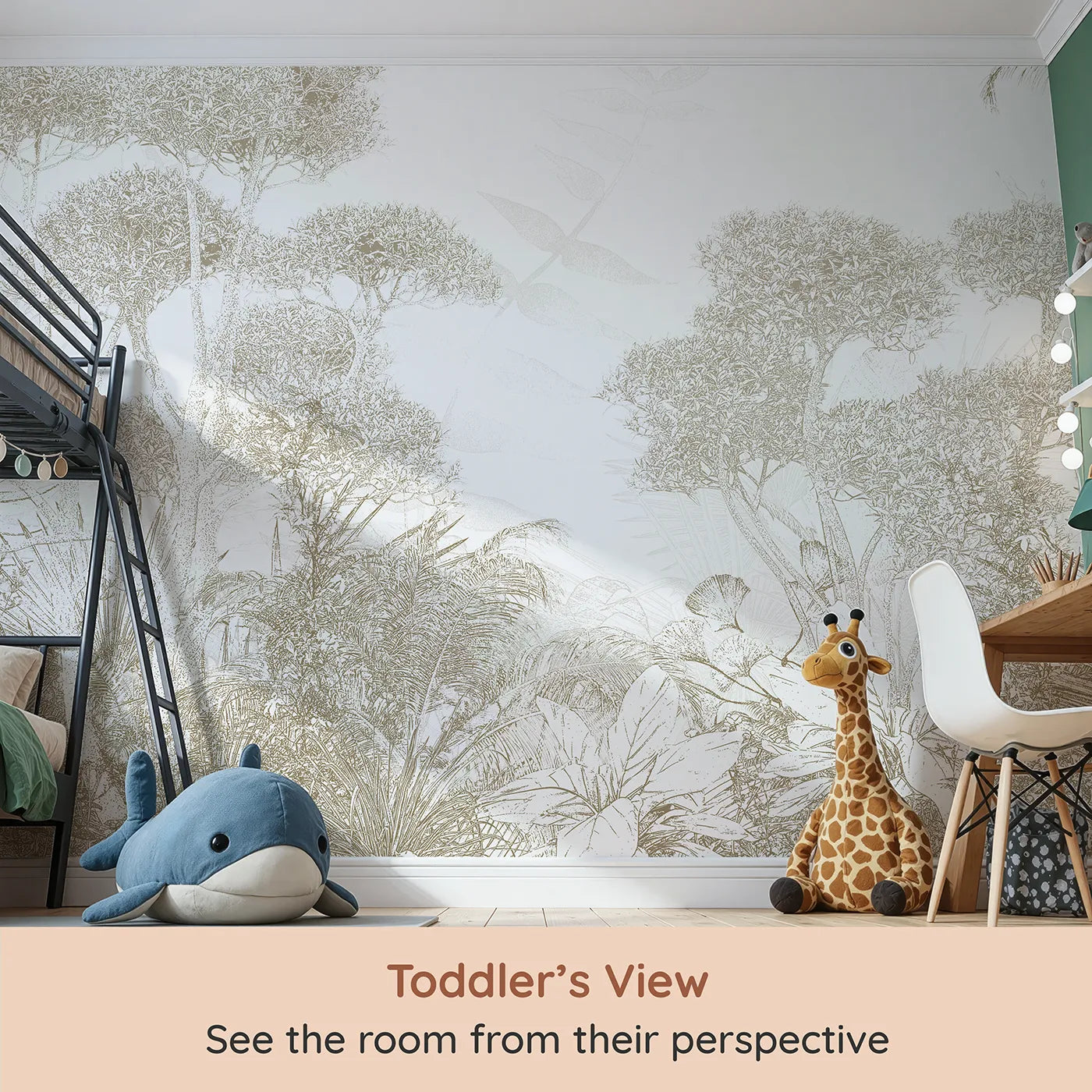 Whimsy Tots Golden Botanical Line Art Wall Mural (Turn Their Room into a Chic and Sunny Garden) from your child's view.Gender-Neutral