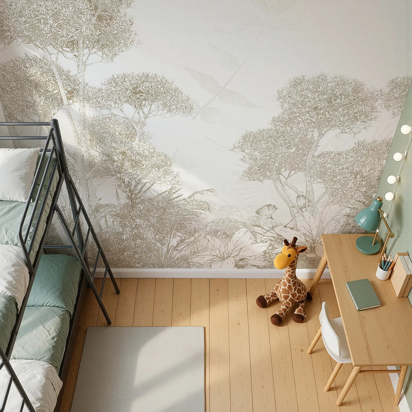 Top-down view of Whimsy Tots' Golden Botanical Line Art Wall Mural (Turn Their Room into a Chic and Sunny Garden).Gender-Neutral