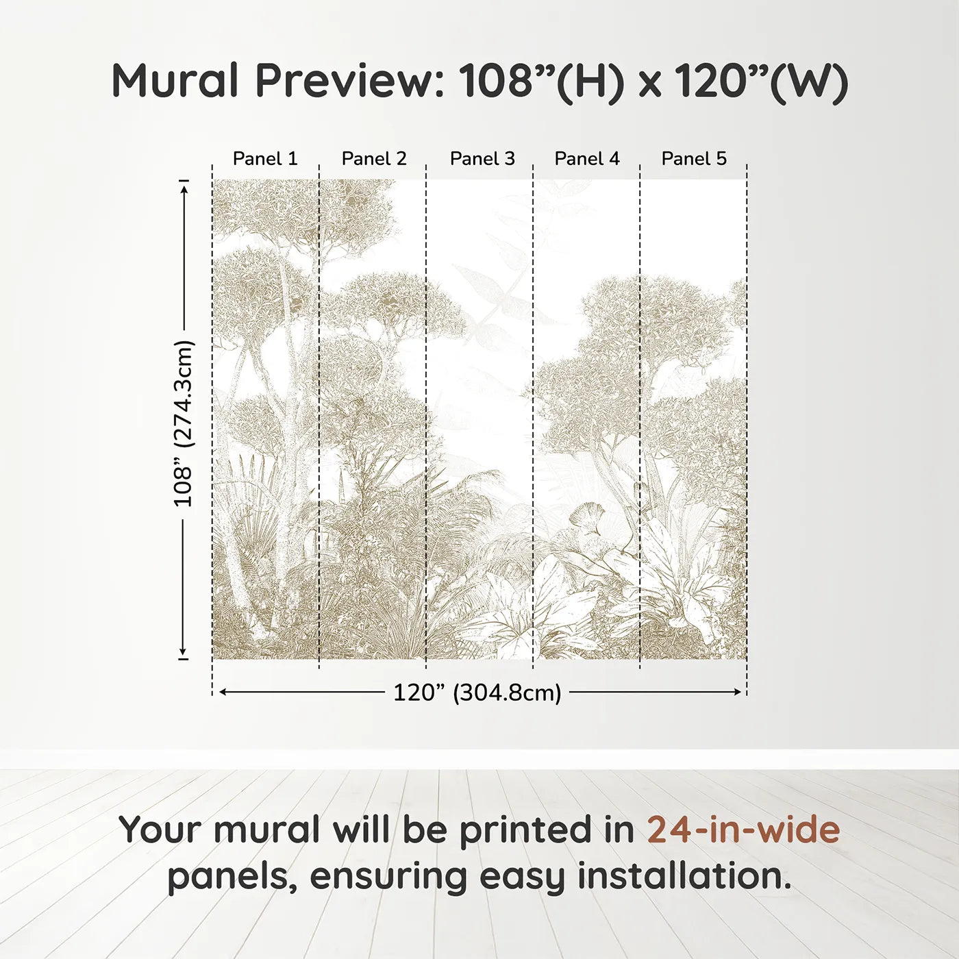 Whimsy Tots Golden Botanical Line Art Wall Muraldimension view (108" H x 120" W). Printed in five 24-inch-wide panels. Gender-Neutral