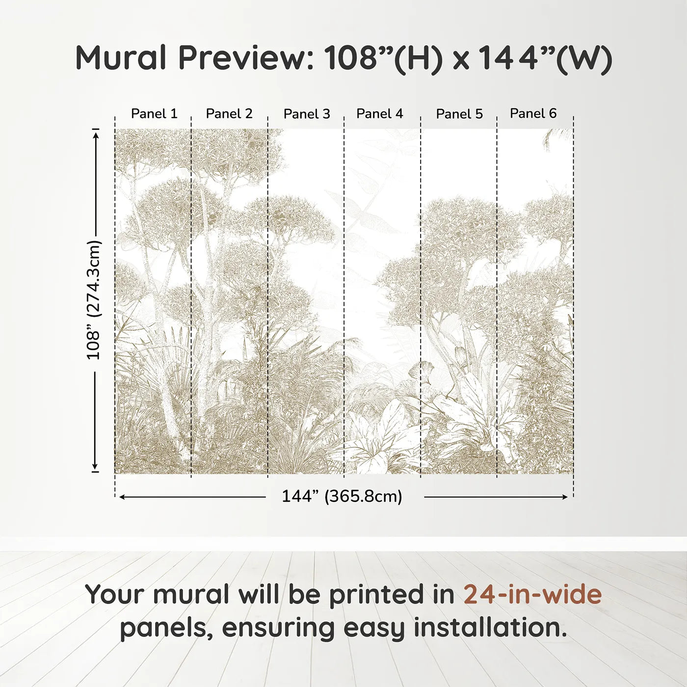 Whimsy Tots Golden Botanical Line Art Wall Muraldimension view (108" H x 144" W). Printed in six 24-inch-wide panels. Gender-Neutral