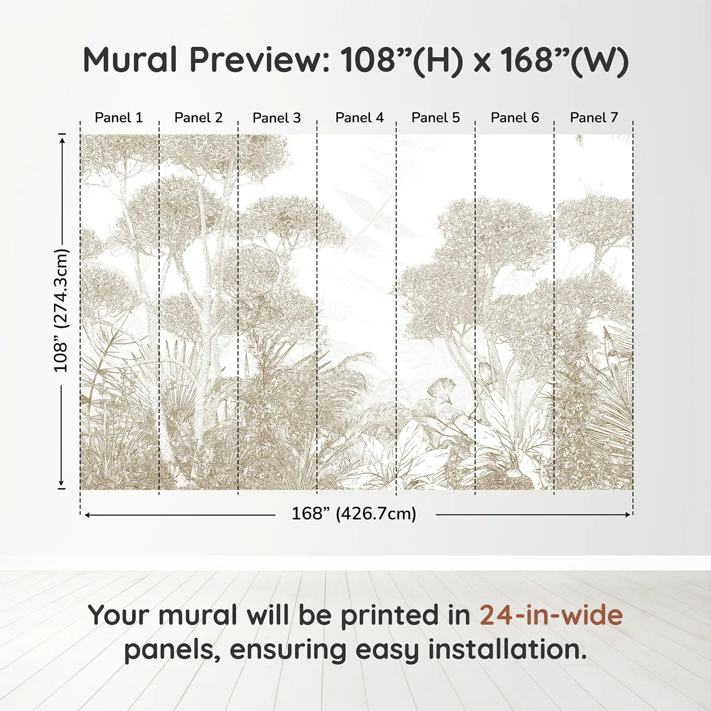 Whimsy Tots Golden Botanical Line Art Wall Muraldimension view (108" H x 168" W). Printed in seven 24-inch-wide panels. Gender-Neutral